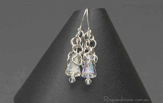 Hancrafted sterling silver long chain earrings with Swarovski crystals