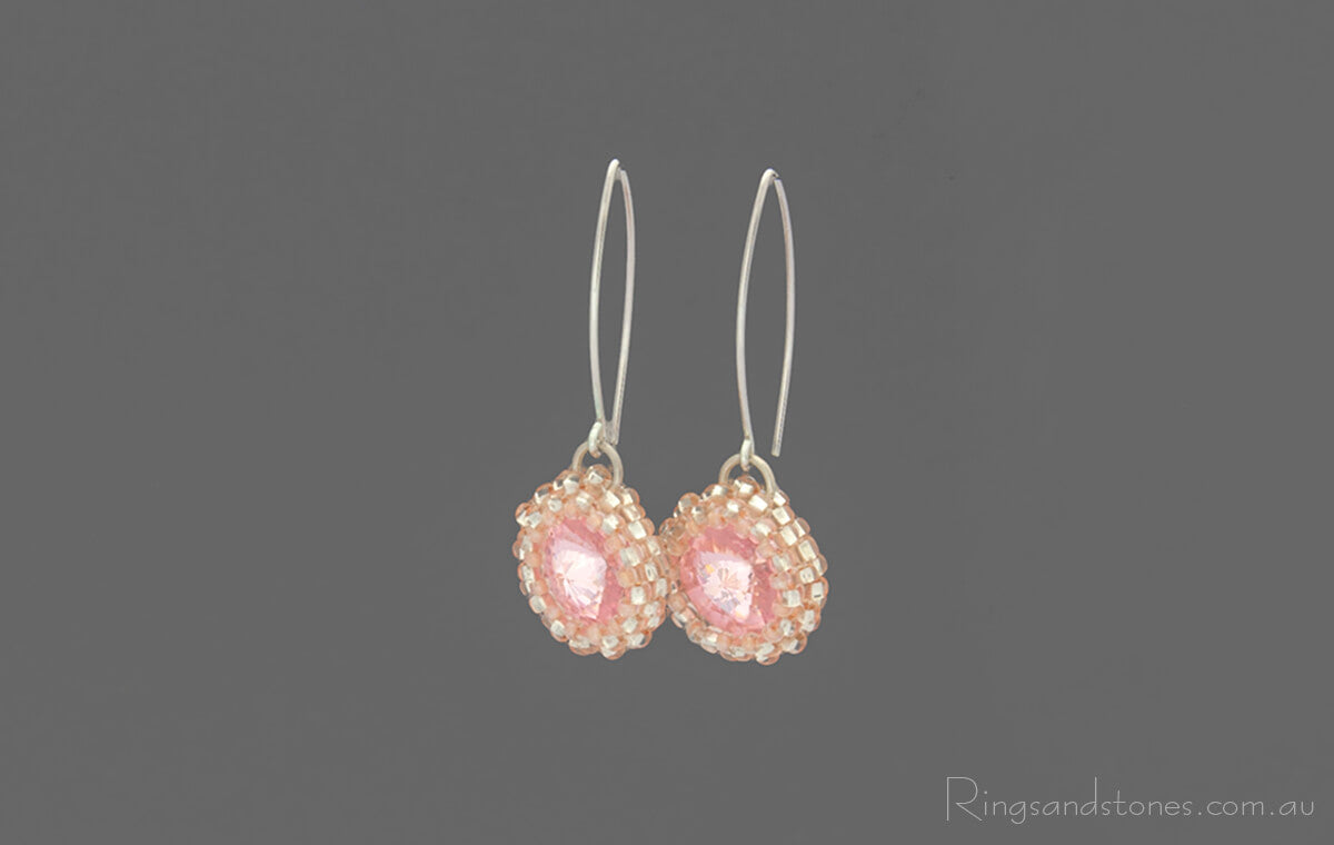 Sterling silver pink Swarovski crystal hand beaded earrings