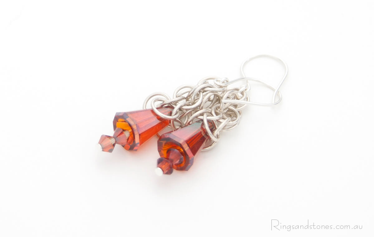 Original Sterling Silver Chainmaille Earrings with Red Crystals