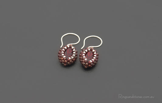 Hand beaded red earrings with Swarovski crystal stones