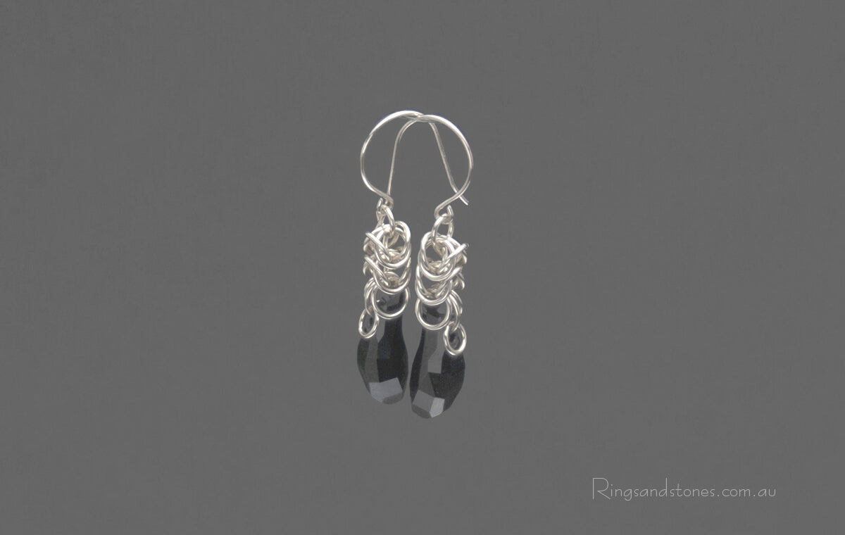 Black long sterling silver earrings handcrafted chainmaille
