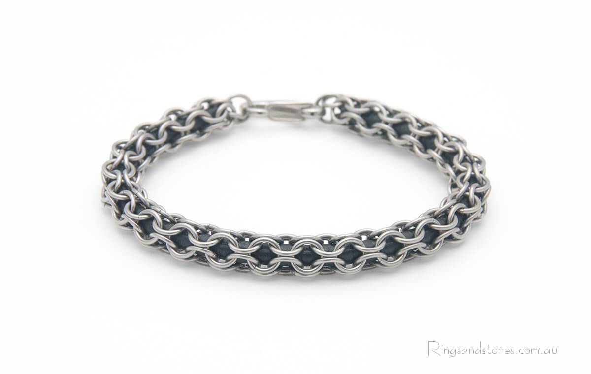 Stainless steel and leather chainmaille bracelet designed for him