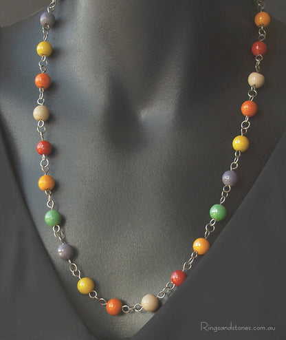 Sterling silver necklace with bright coloured glass beads