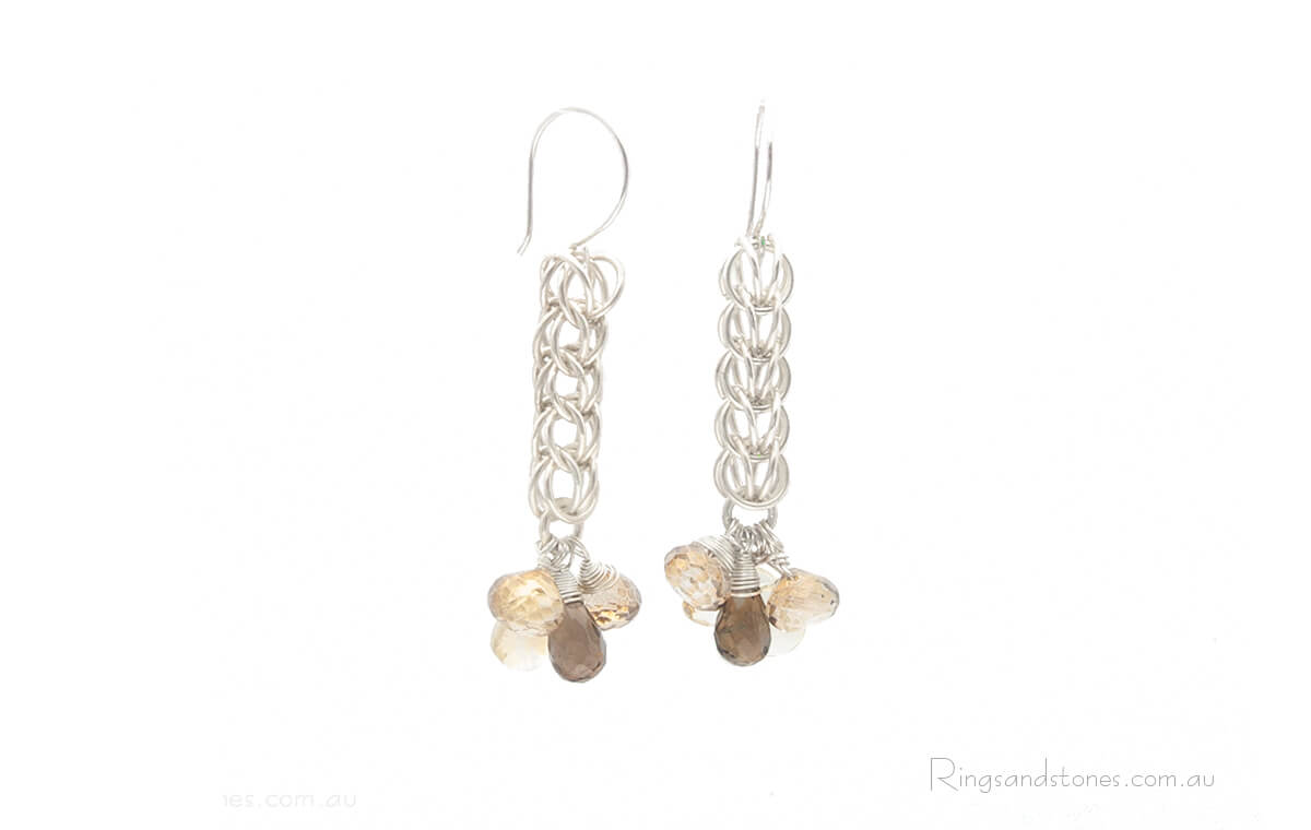 Long silver gemstone earrings with handcrafted chainmaille