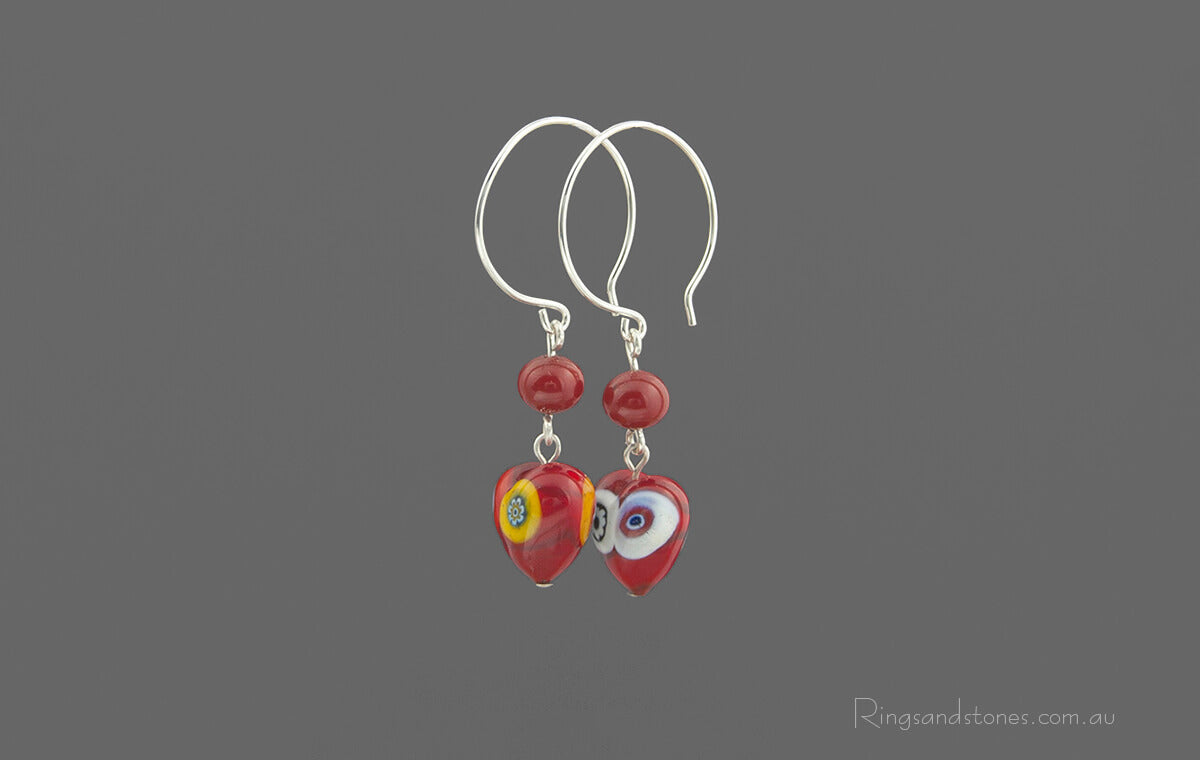 Red heart Murano glass sterling silver earrings