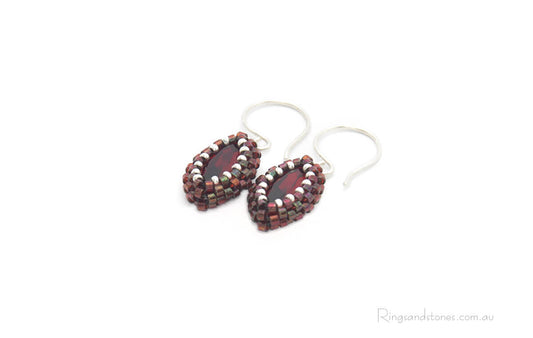 Small red earrings Red and sterling silver beaded earrings with Swarovski crystals