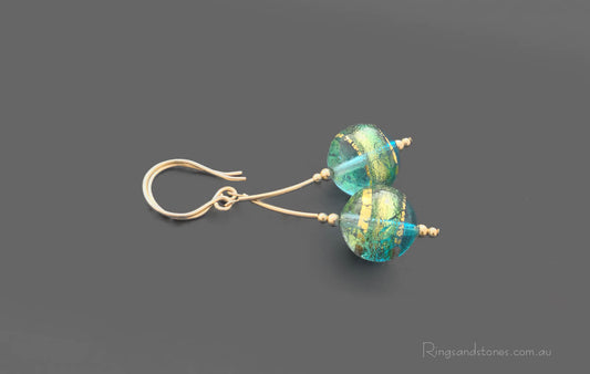 Sea blue green Murano glass gold earrings