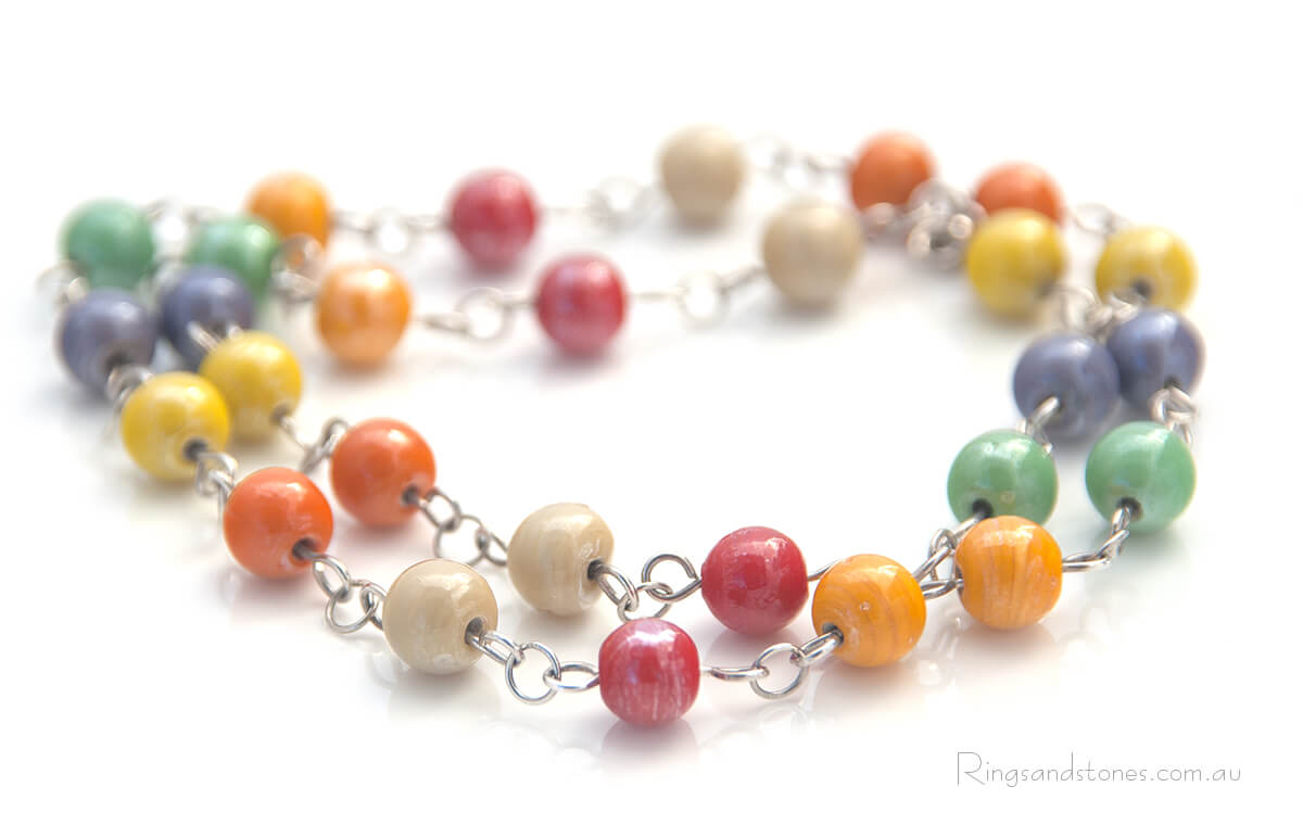 Sterling silver beaded chain necklace with colourful beads
