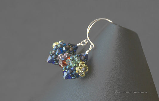 Sterling silver hand beaded flower earrings with Swarovski crystals
