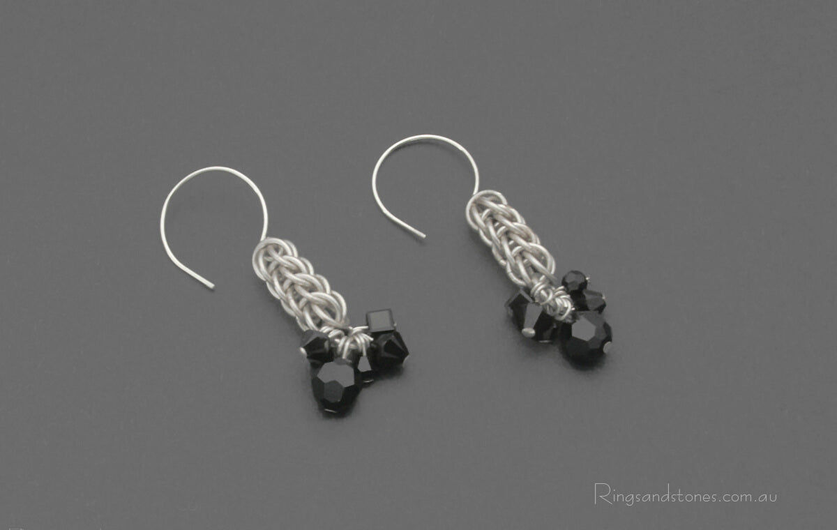 Sterling silver chainmaille earrings with black Swarovski crystals