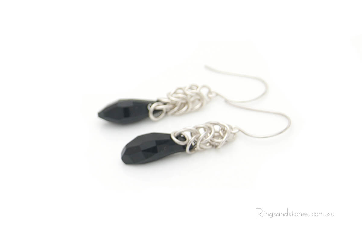 Sterling silver handcrafted chain earrings with black Swarovski crystals