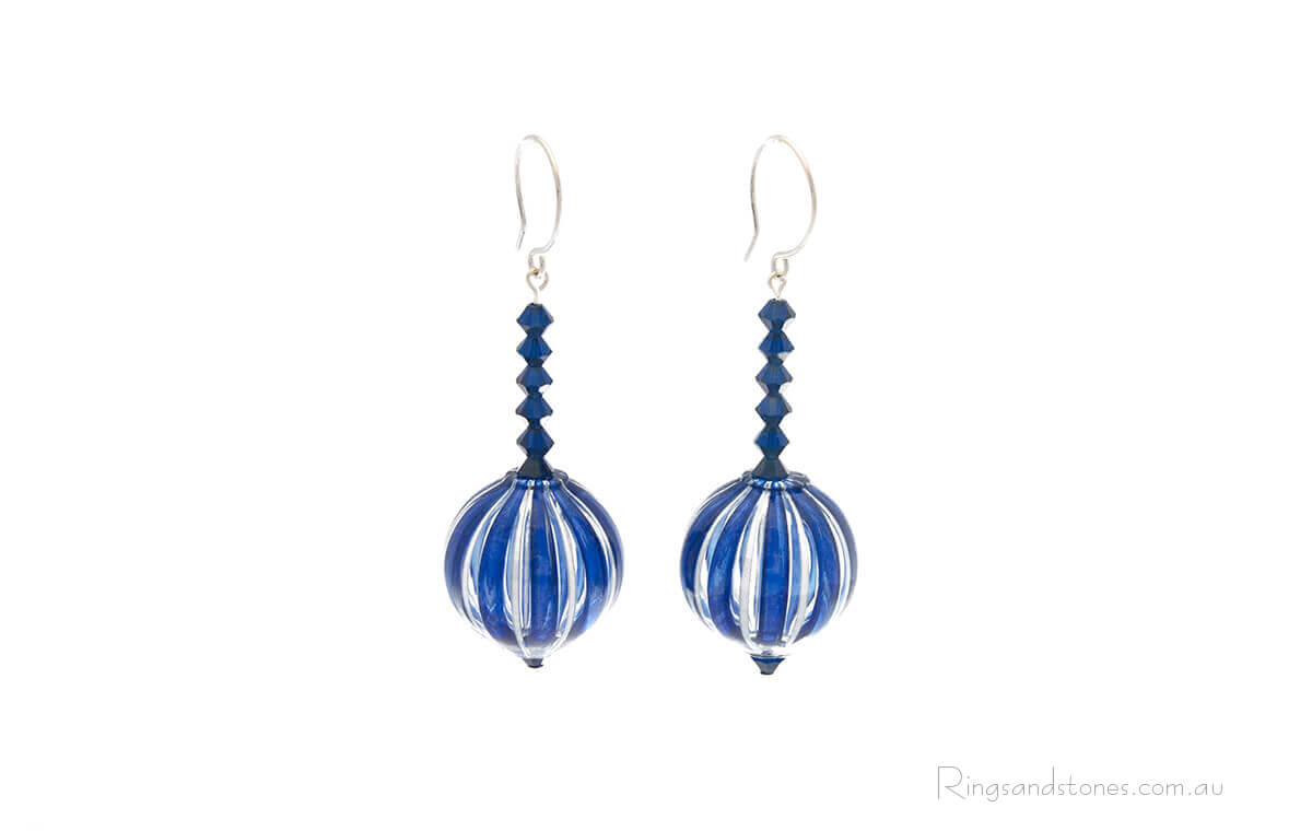 Blue and white stripe Murano blown glass earrings with Swarovski crystal beads