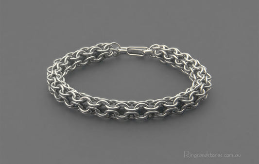 Mens stainless steel and leather chainmaille bracelet