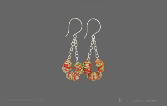 Textile wrapped beaded sterling silver earrings